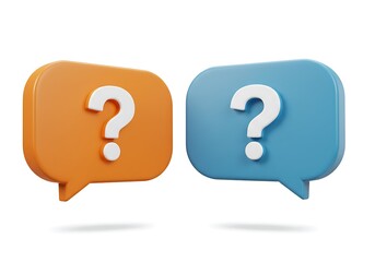 3d pair of speech bubbles with question marks in orange and blue on a isolated on white background