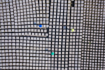 Aerial view of abstract urban grid with modern blocks and tiles, Sabrang Union, Teknaf, Chattogram, Bangladesh.