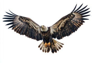 Obraz premium Bald eagle in flight, wings spread wide, white background, wildlife photography, ideal for nature documentaries