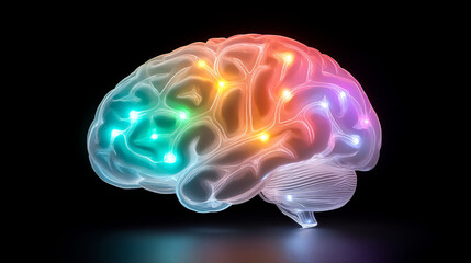 colorful brain model illuminated with vibrant lights, showcasing neural connections and activity
