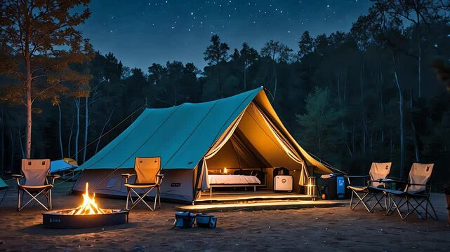 Glamping campsite with large canvas tent, cozy firepit, folding chairs, forest backdrop, and starry night sky in a serene woodland setting

