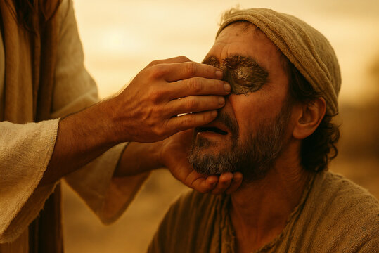 The Touch of Faith and Restoration. Jesus Christ healing the blind man with mud and clay. 