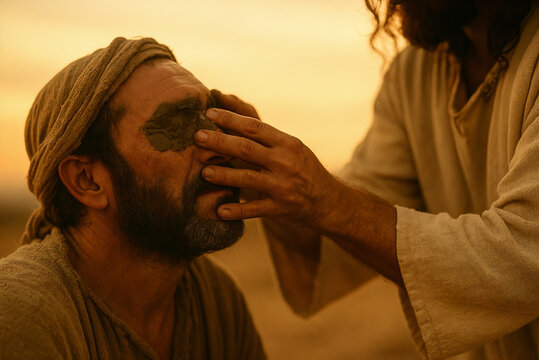 Biblical Healing at Sunset. Jesus Christ healing the blind man with mud and clay. 