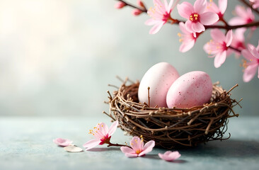 Obraz premium Easter eggs in a bird's nest on a light background, with an empty space for text on the left. Selective focus, blurred background. .Easter card, banner, template.