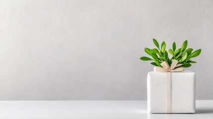 White Gift Box Green Sprig Minimalist Style High-resolution, soft lighting Wide shot, simple design Gift presentation Neutral background Calm, serene mood Perfect for spring promotions