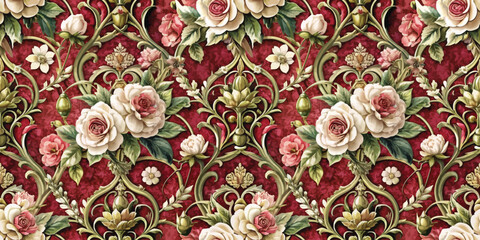 Elegant floral pattern featuring roses on a rich red background.