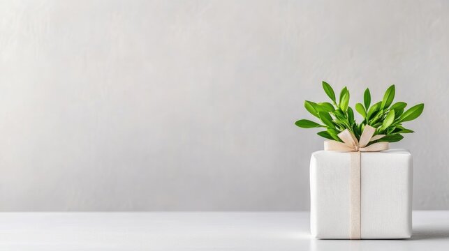 White Gift Box Green Sprig Minimalist Style High-resolution, soft lighting Wide shot, simple design Gift presentation Neutral background Calm, serene mood Perfect for spring promotions