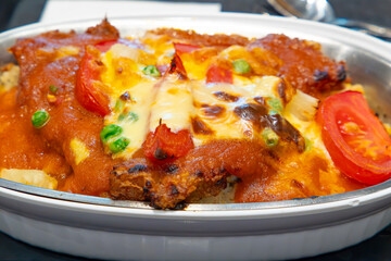 angle view tomato pork chop rice