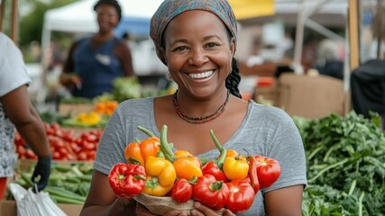Fototapeta premium Smiling woman holds peppers at a farmer's market with fresh produce.