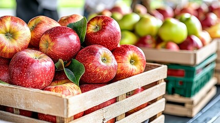 Fresh red apples stacked in wooden crates at a vibrant market