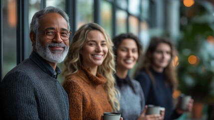 Obraz premium A smiling older man and three women enjoy coffee together in a cozy, plant-filled cafe, radiating warmth and friendship.