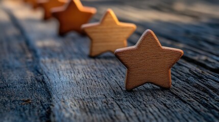 Close-up of wooden star-shaped figures aligned diagonally on a textured wooden surface.