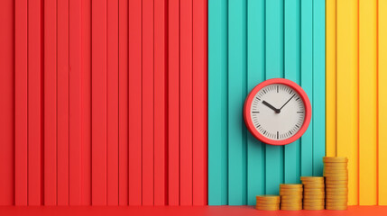 A colorful wall features a clock and stacked coins, symbolizing time and finance in a vibrant, modern setting.