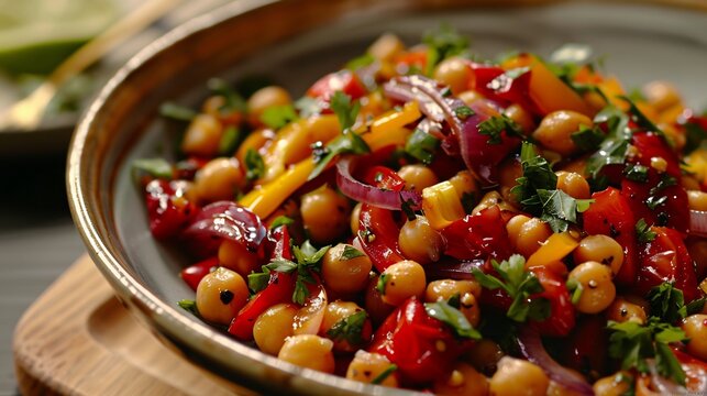 Low fat roasted bell pepper chickpea salad with parsley red onions and a lemon cumin dressing