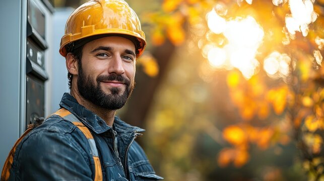 Portrait of a Smiling Construction Worker in Autumn