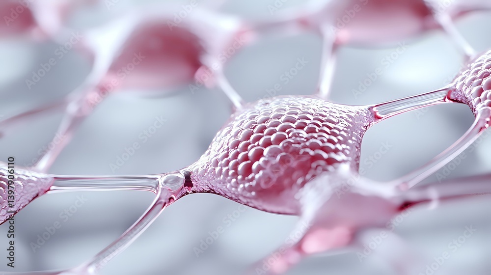 Poster pink neural network structure with interconnected nodes showing synaptic connections in soft focus m