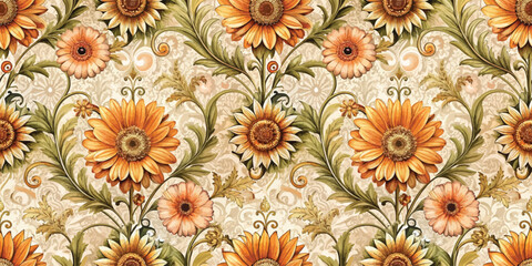 Vibrant floral pattern featuring sunflowers and daisies in warm hues.