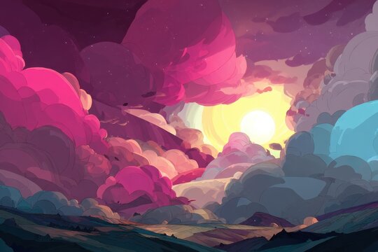 Vibrant sunset over rolling hills