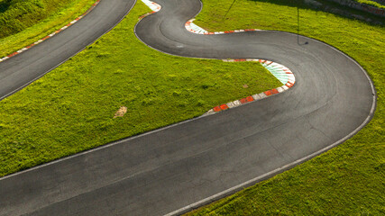 Aerial view of a chicane of an empty circuit. Motorsport concept.