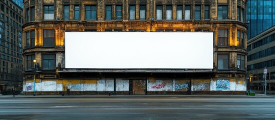 Obraz premium A dilapidated building features a large blank advertisement billboard