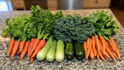 Fresh vegetables like carrots, zucchini, kale, and spinach on a marble countertop.