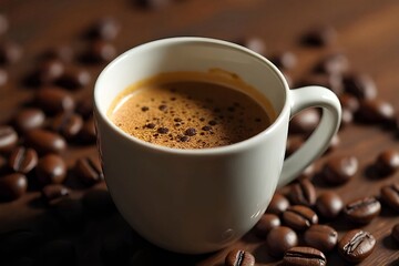 Fototapeta premium Hot coffee on wood table. Productive morning atmosphere, perfect for journaling, planning, and working from home concept. Coffee drink menu. Coffee background
