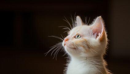 Fototapeta premium Cat thinking theme, cute white cat with orange markings gazes thoughtfully, showcasing its delicate features