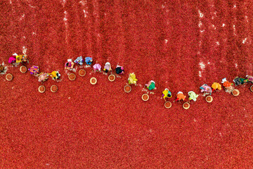 Sariakandi, Bangladesh - 13 April 2022: Aerial view of red chili pepper processing in vibrant rows with workers collecting, Fulbari, Sariakandi, Rajshahi, Bangladesh.