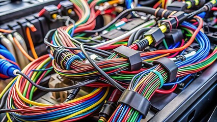 Close up of colorful electrical wires and cables bundled together in an organized manner