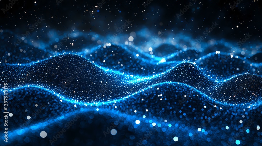 Aufkleber glowing blue waves of light particles flow through dark space creating dynamic motion effect with sp