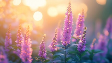 Obraz premium Pink flowers in a sunlit field at dawn