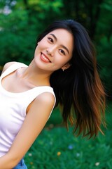 Naklejka premium arafed asian woman with long black hair and white top smiling
