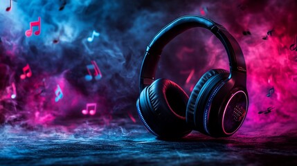 Headphones on dark surface amid fog & music notes in neon pink & blue lighting