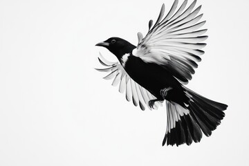 Bird in flight, wings spread, against a white background. Use wildlife, ornithology