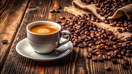 A cup of espresso with coffee beans spilling from a burlap sack on a wooden table top