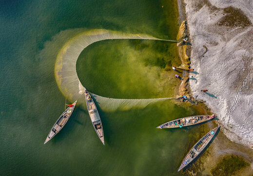 Aerial view of fishermen using a huge net while fishing from boats in green water near the shore, Sariakandi, Rajshahi, Bangladesh.