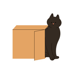 Cartoon Black Cat Play With Box
