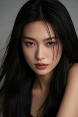 Fototapeta premium a close up of a woman with long black hair posing for a picture