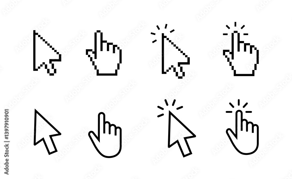 Fototapete computer mouse cursor icon set with arrows, hand pointers, click effects, and loading symbols. perfe