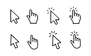 Computer mouse cursor icon set with arrows, hand pointers, click effects, and loading symbols. Perfect for UI, web design, and digital apps. Vector illustration.