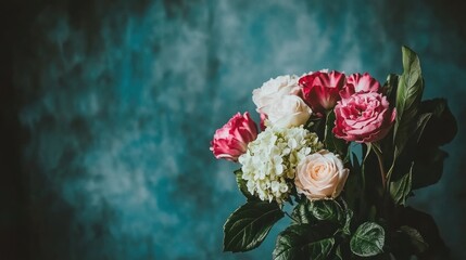 A beautiful bouquet of roses displayed against a blue backdrop