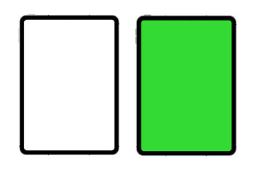 Realistic tablet mockup with blank and green screen (chroma key) options. Multiple angle views for presentations and UI designs. Vector illustration.