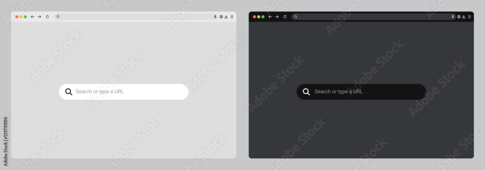 Fototapete Browser window website mockup with device frames for desktop, laptop, tablet, and phone. Features light, dark, and night themes. Vector UI design for web presentations.