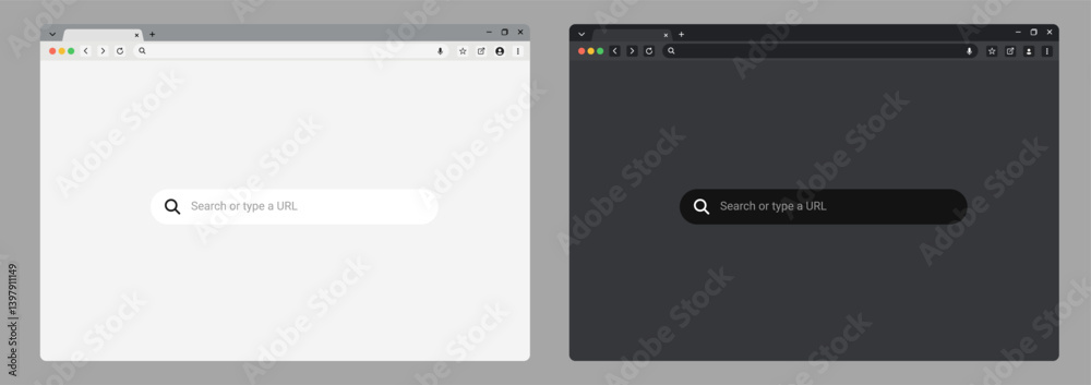Fototapete browser window Website mockup template with frames for PC, laptop, tablet, and mobile. Includes light, dark, and night modes. Vector illustration for UI and web design presentations.