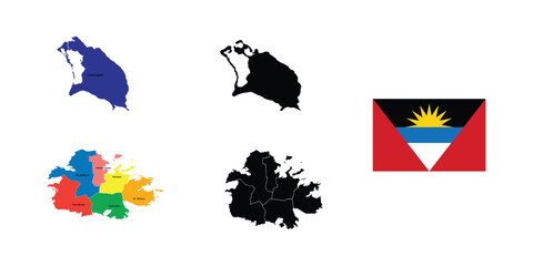 Antigua and Barbuda vector set illustration on white background. Antigua and Barbuda map flag