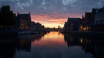 Obraz premium Enchanting Sunrise over Dutch Canal with Medieval Cityscape.