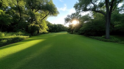 Lush green lawn, trees, and sunlight