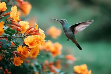 A close-up of the rare parrot's beak flower with bright orange and yellow blossoms. A hummingbird hovers in the air while drinking nectar