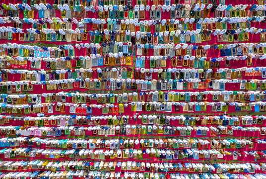 Aerial view of colourful traditional cloth patterns during Eid Prayer, Nishindara, Bogura, Rajshahi, Bangladesh.