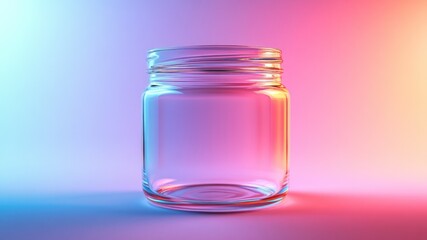 Empty glass jar illuminated with colorful vivid lighting on a gradient background.